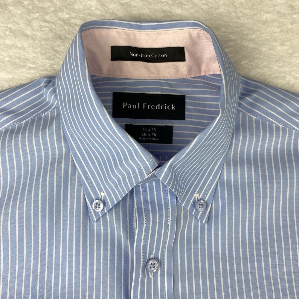 Paul Fredrick Dress Shirt Mens 15-33 Sky Blue/White Pinstripes Slim Fit No Iron
